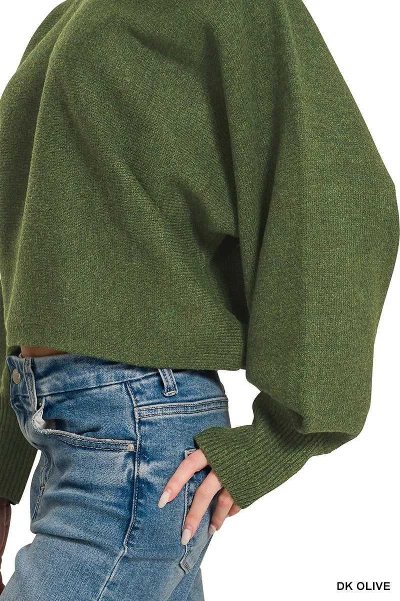 Relaxed fit boat neck sweater styled on model