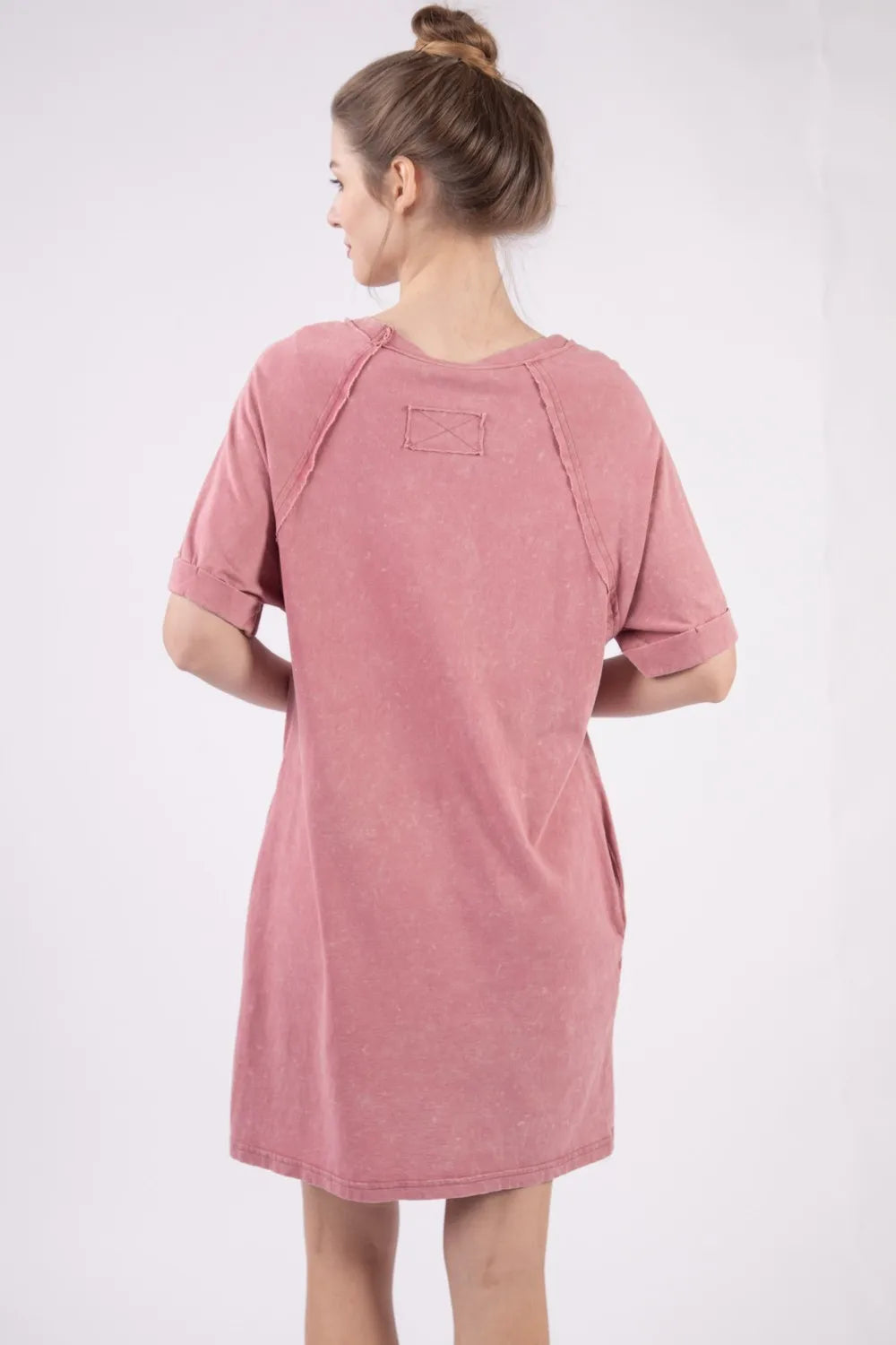 Washed Round Neck Tee Mini Dress in Mauve back view