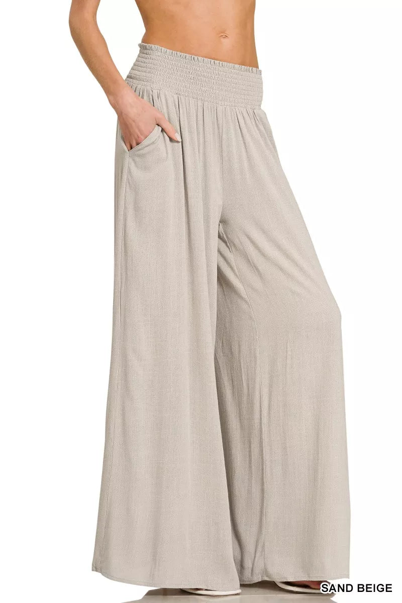 Zenana sand beige smocked waistband wide leg lounge pants front view