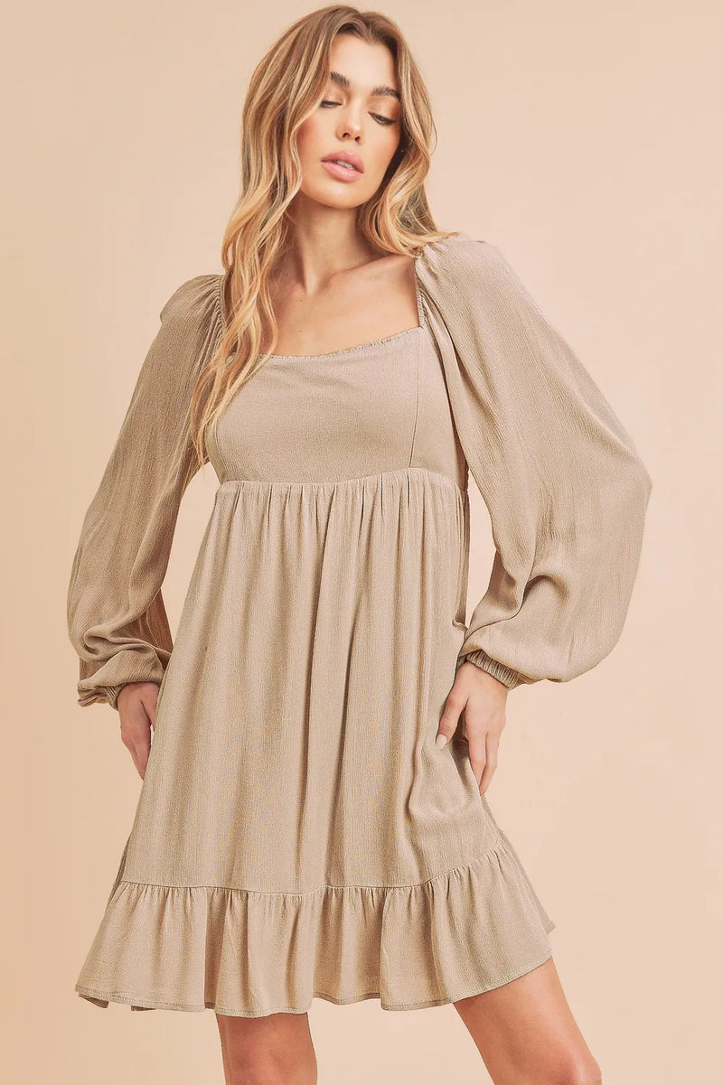 Ruffled hem square neck balloon sleeve mini dress in dusty taupe front view