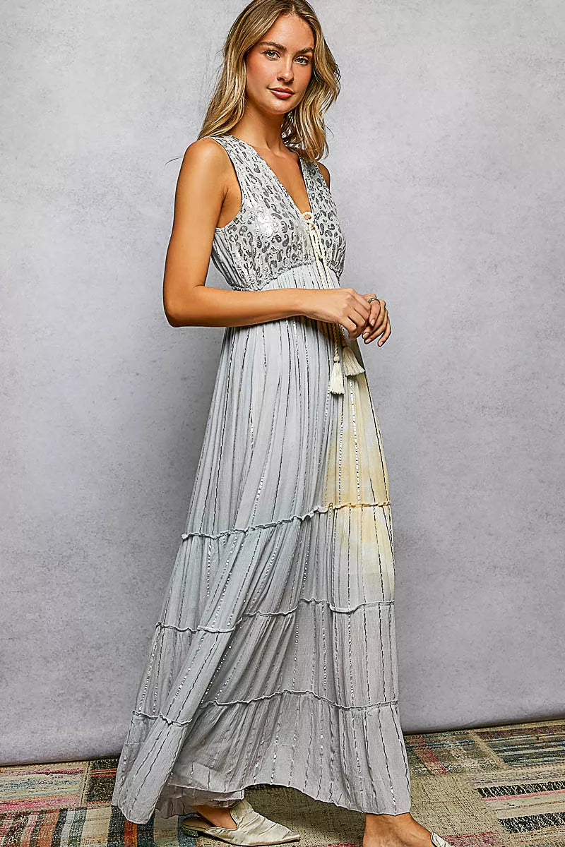 Light grey tiered maxi dress full length back view