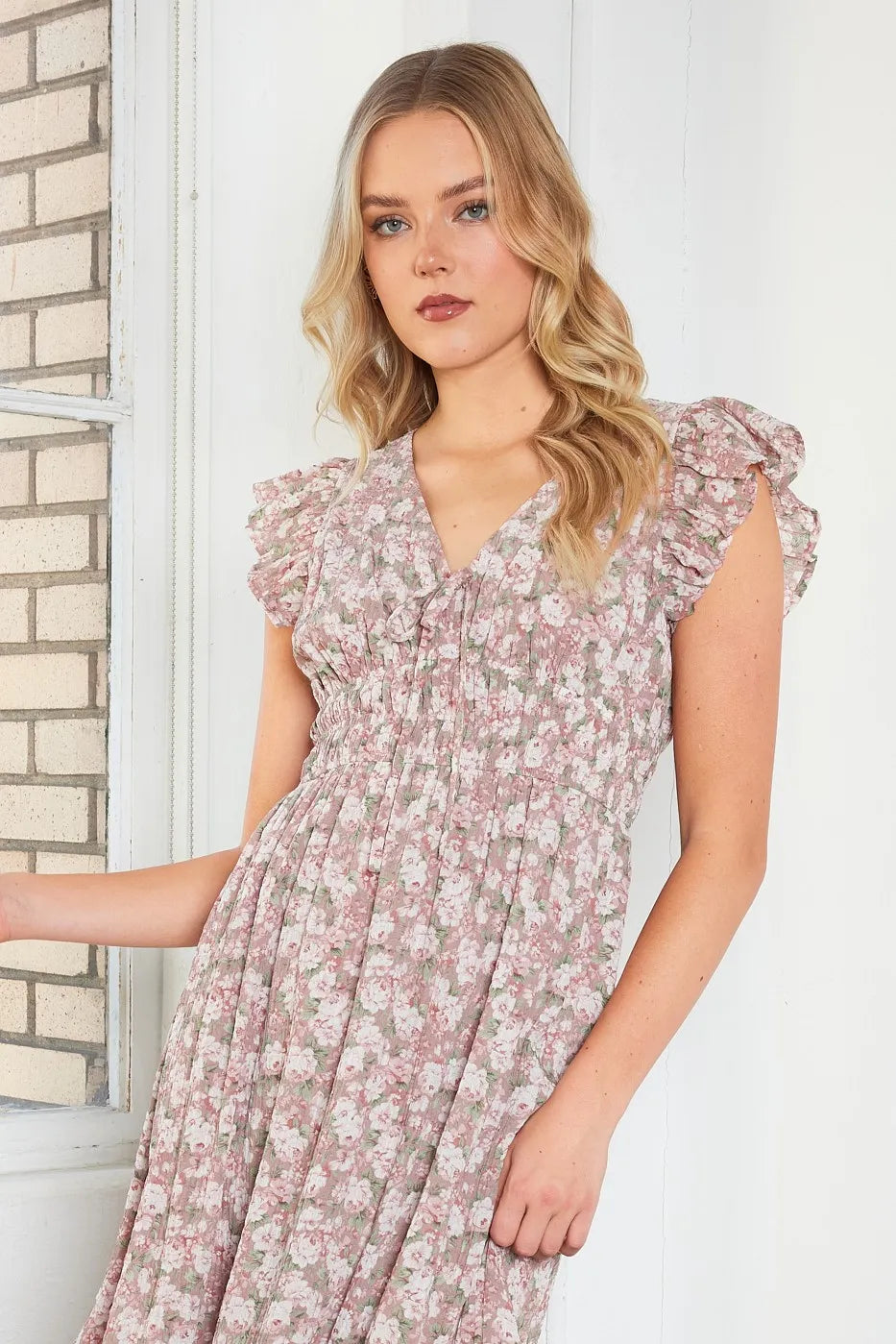 Flower Print Ruffle Cap Sleeve V neck Midi Dress back view