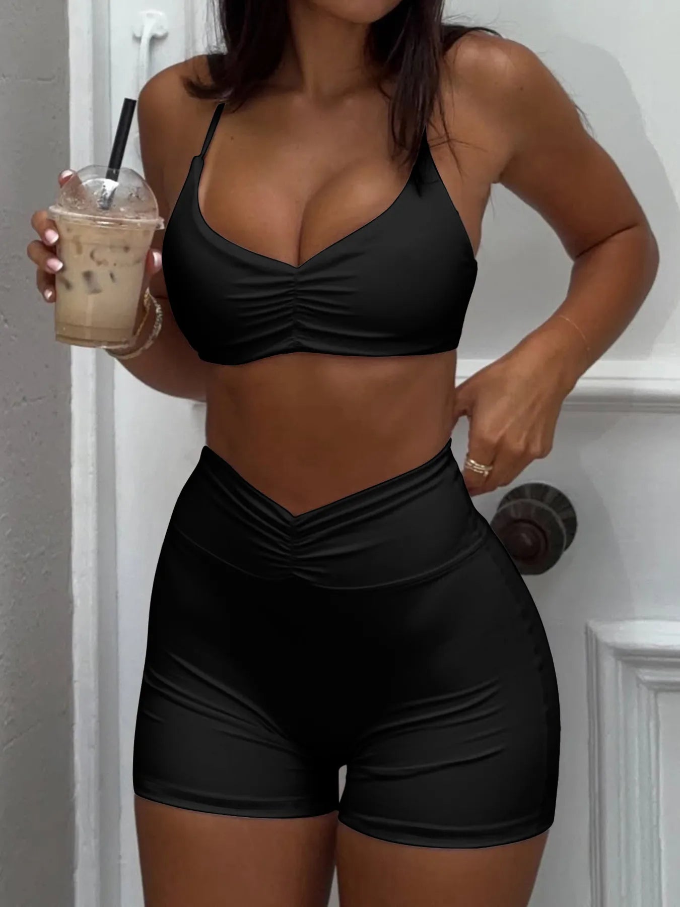 Ruched Sports Bra and High-Waisted Shorts Active Set - Fashorio