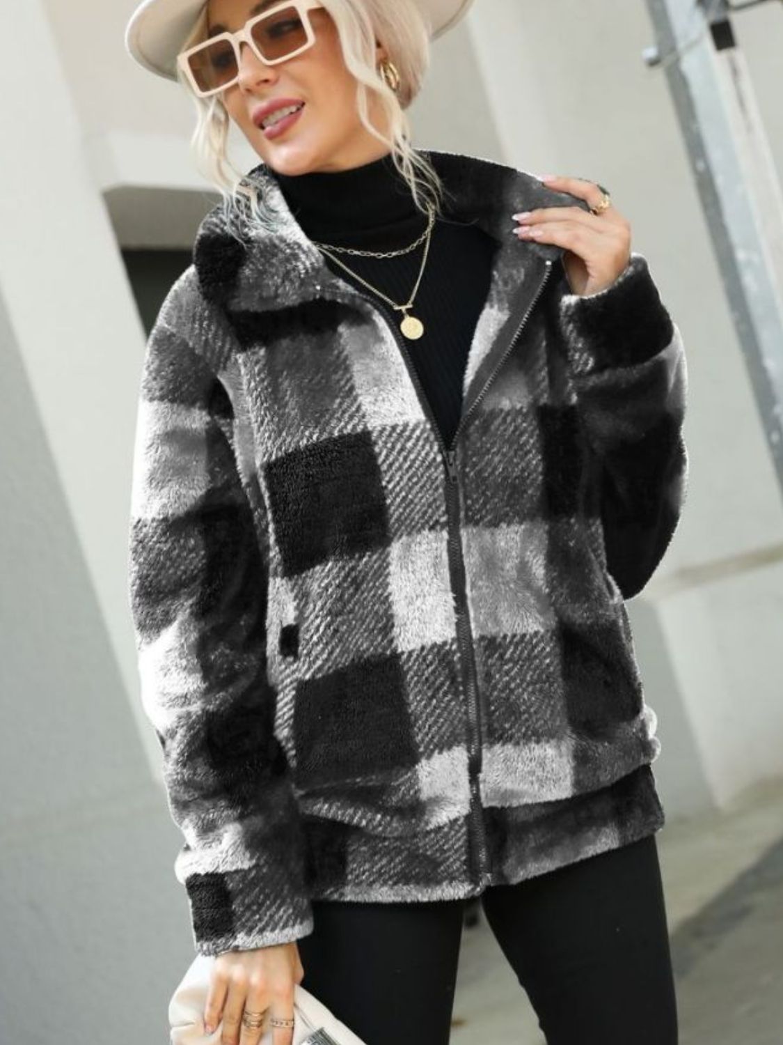 Plaid Zip-Up Collared Jacket White - Fashorio