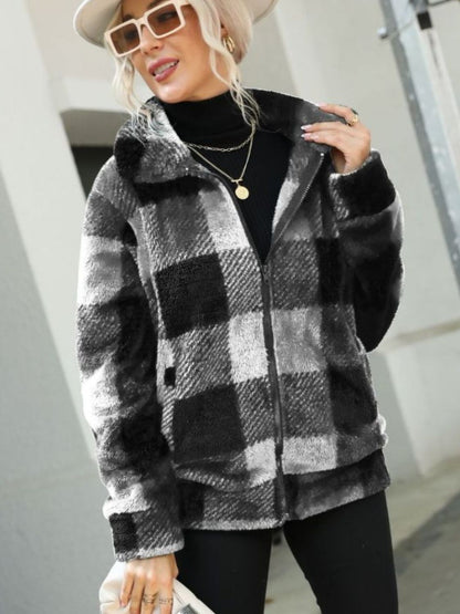 Plaid Zip-Up Collared Jacket White - Fashorio