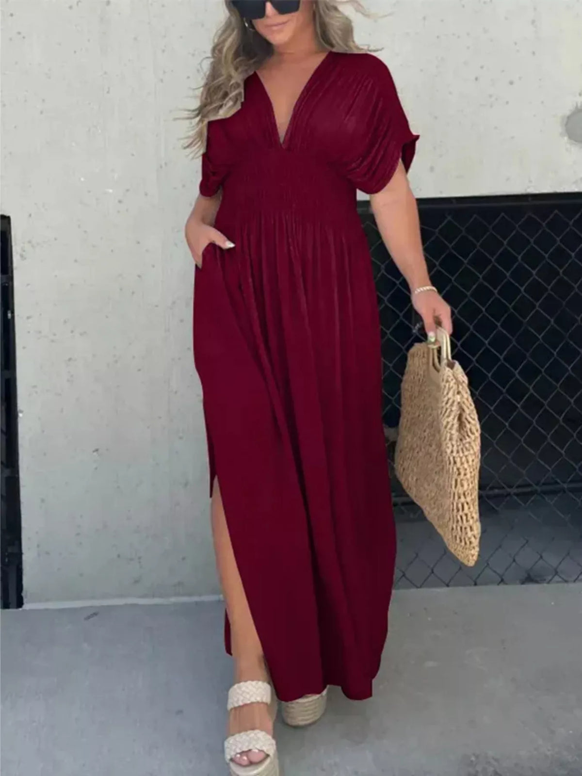 Slit V neck smocked waist maxi dress seated view