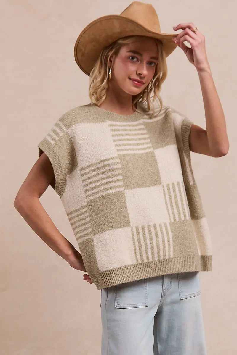 Olive Check and Stripe Sleeveless Sweater