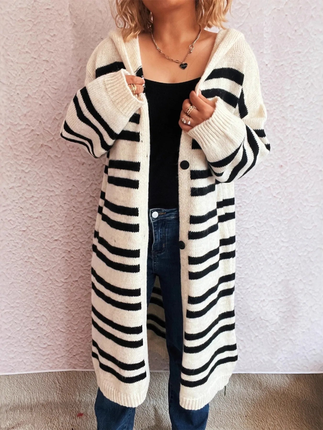 Striped Open Front Hooded Cardigan - Fashorio