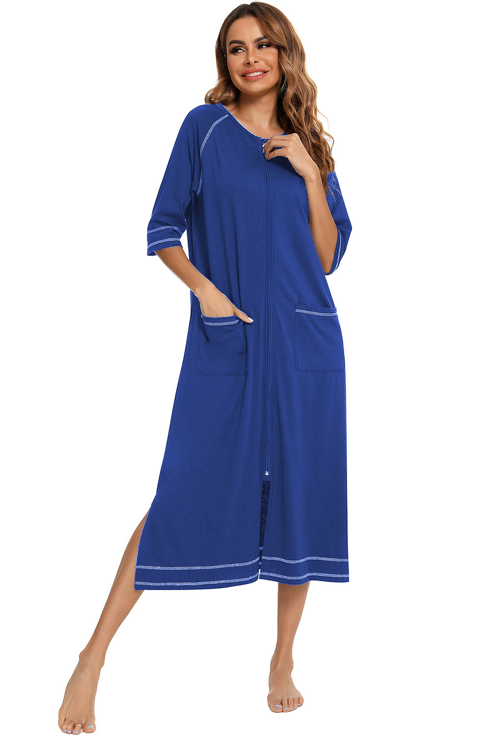 Zip Up Slit Round Neck Night Dress with Pockets - Fashorio