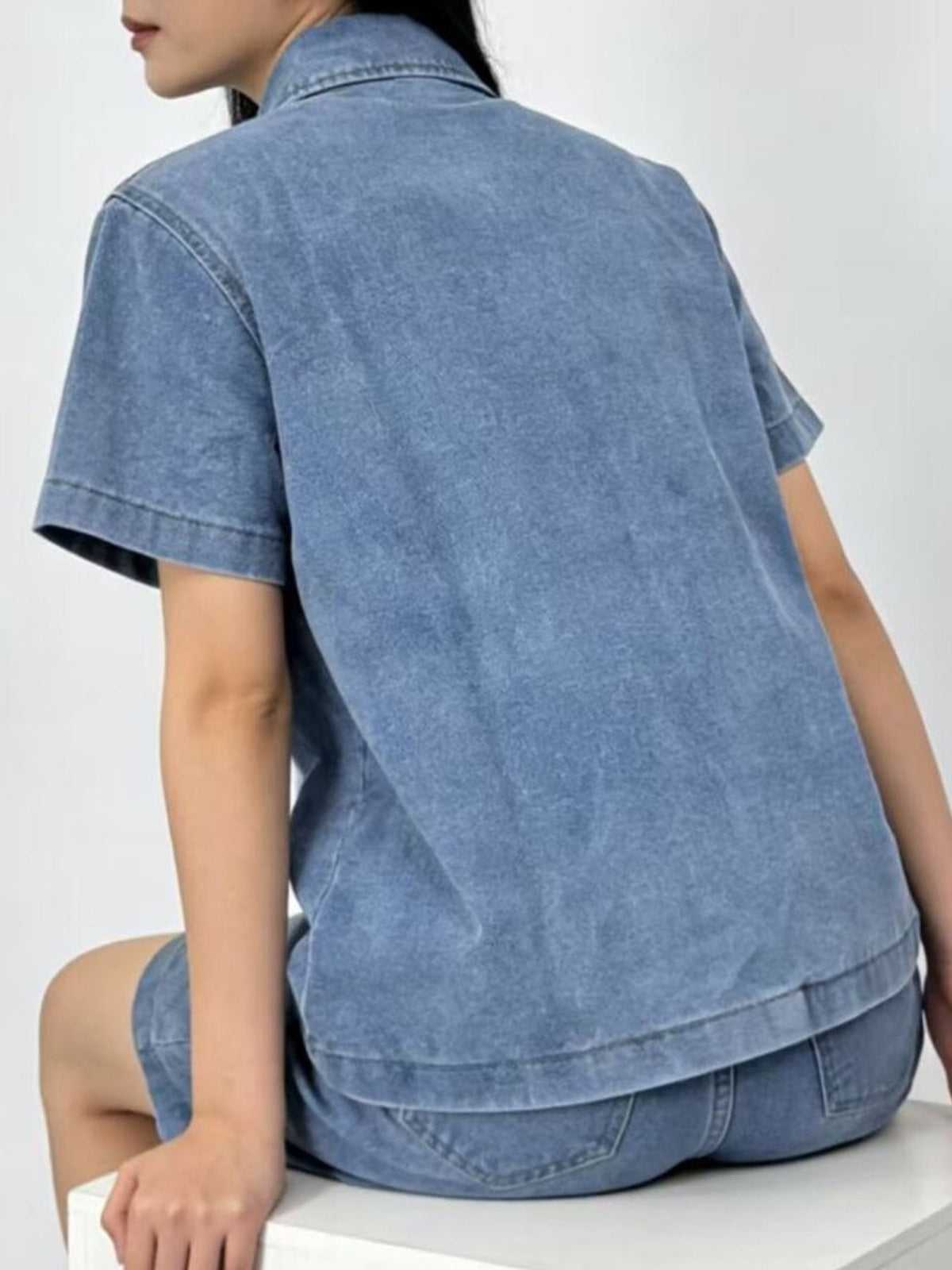 Button Up Short Sleeve Top and Denim Shorts Set, view 6