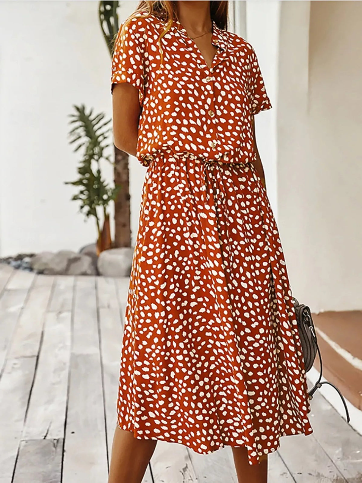 Polka dot button front midi dress detail view