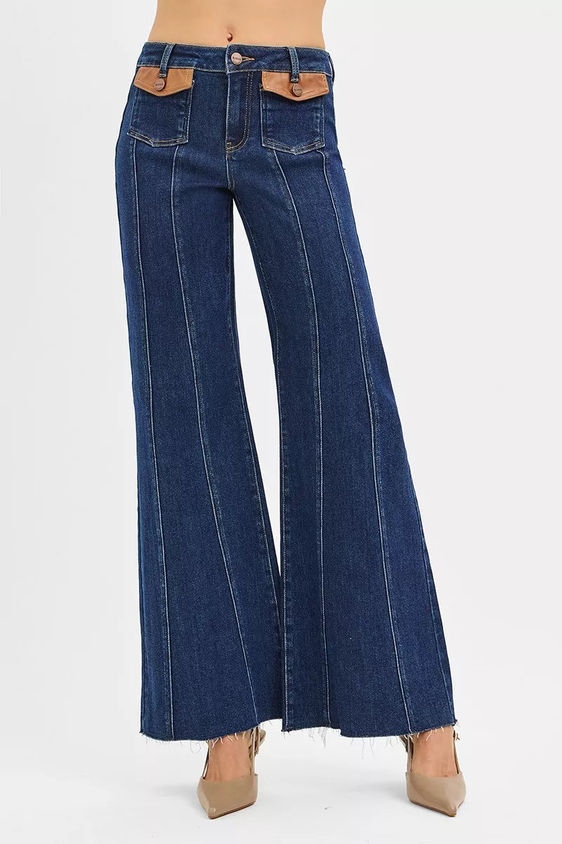 RISEN dark wash wide flare jeans front view