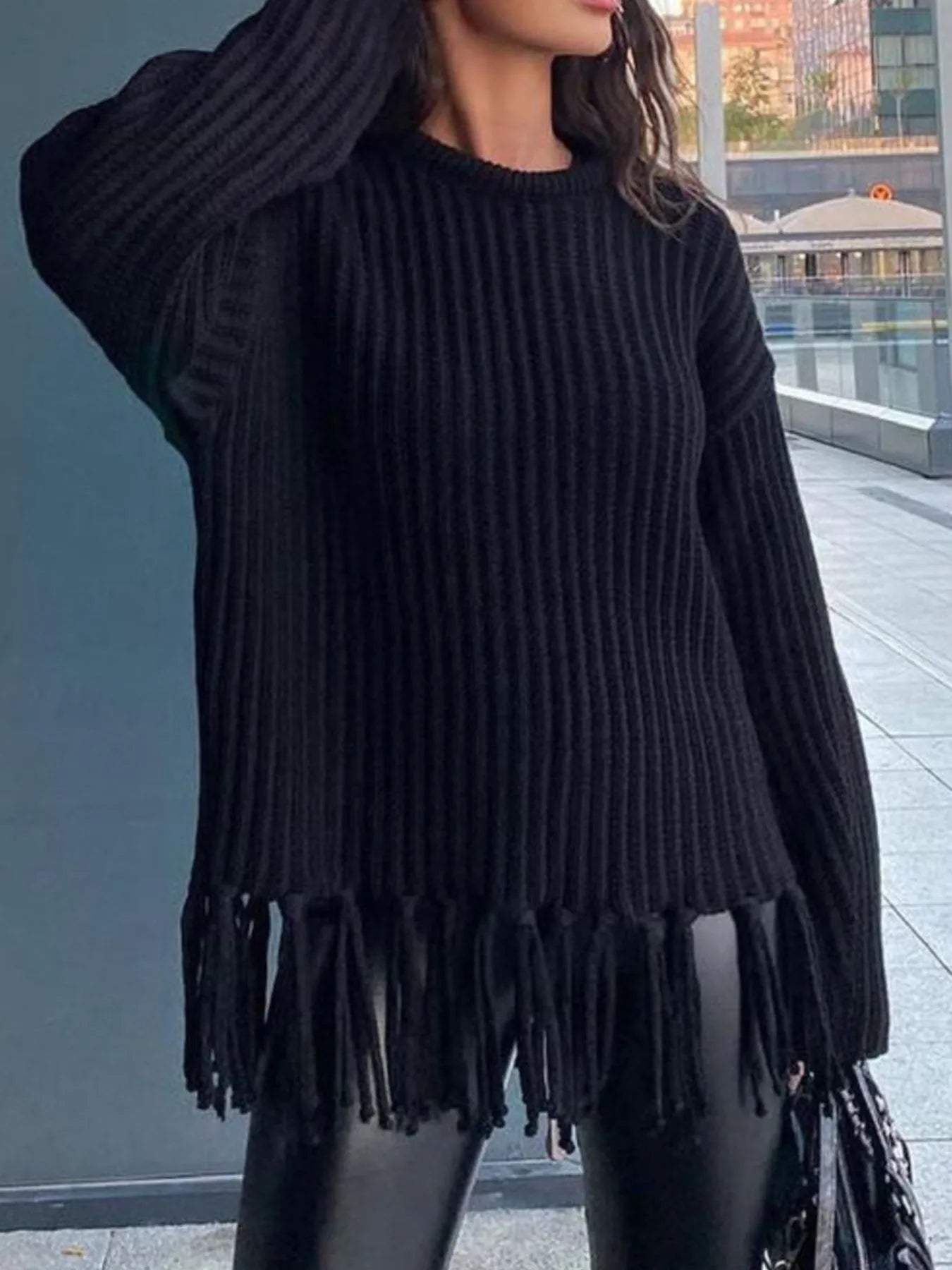 Fringe Round Neck Long Sleeve Sweater - Fashorio