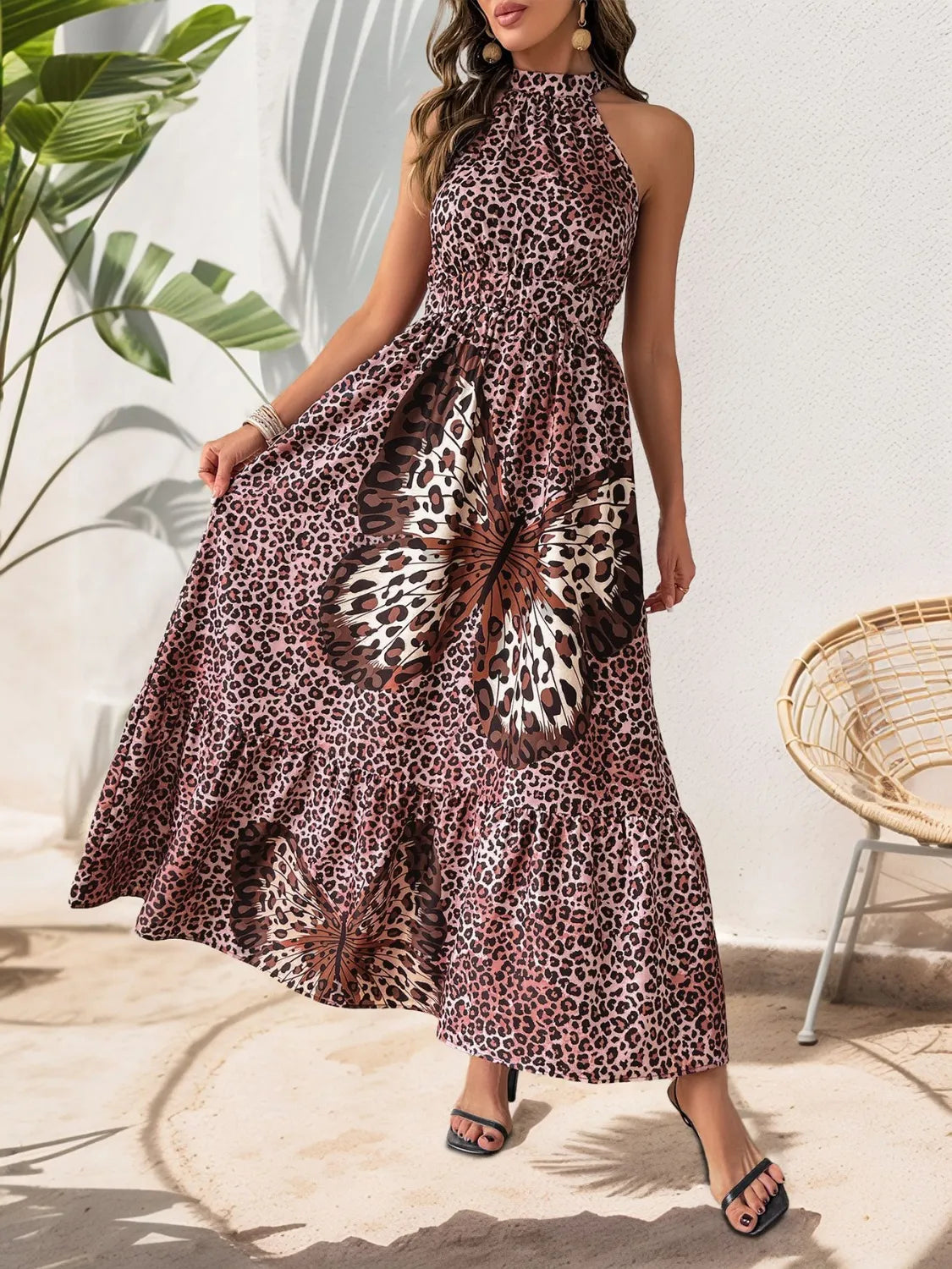 leopard butterfly grecian neck maxi dress side view