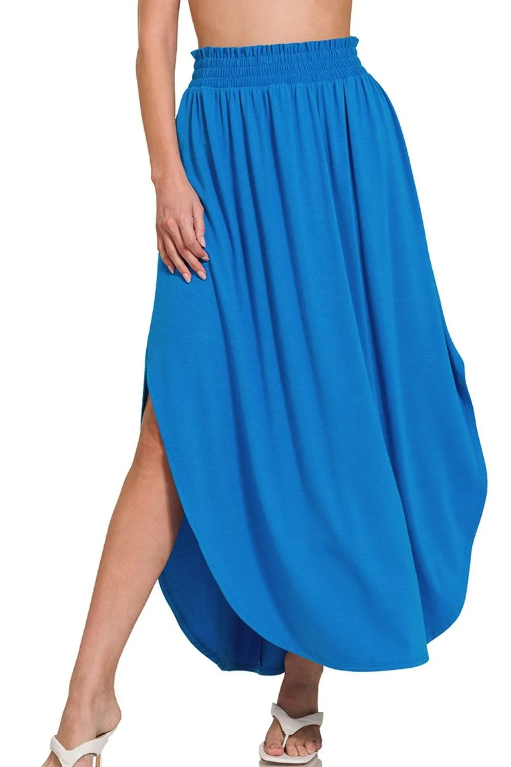 Zenana Smocked Waist Side Slit Maxi Skirt With Pockets OCEAN BLUE - Fashorio