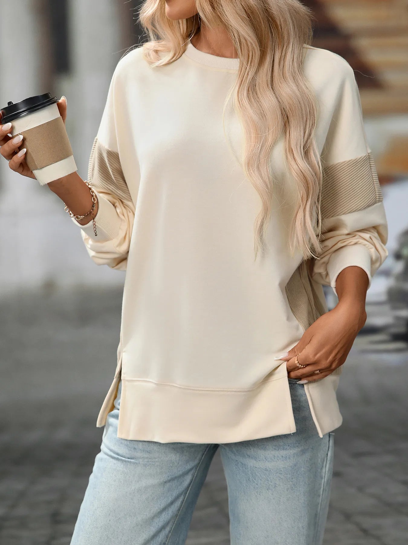 Slit Round Neck Long Sleeve Sweatshirt - Fashorio