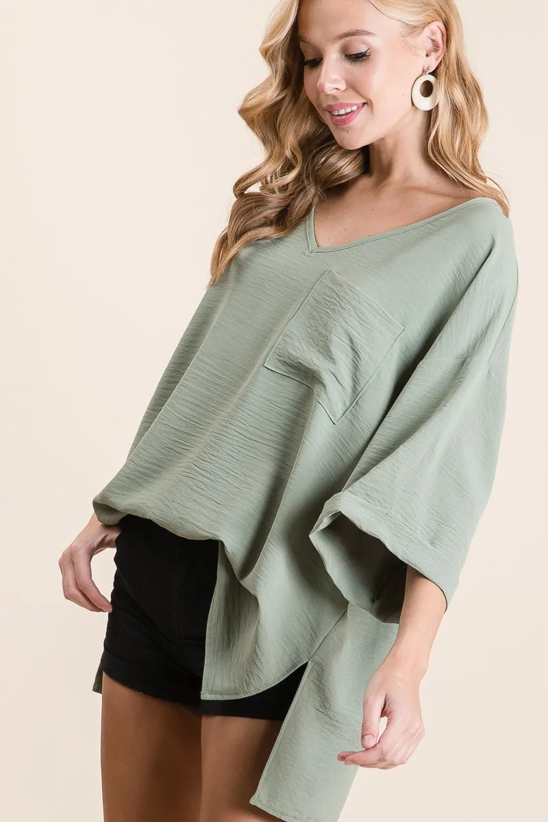 BiBi Flowy Woven V-Neck Top with Rolled Up Cuffs - Fashorio