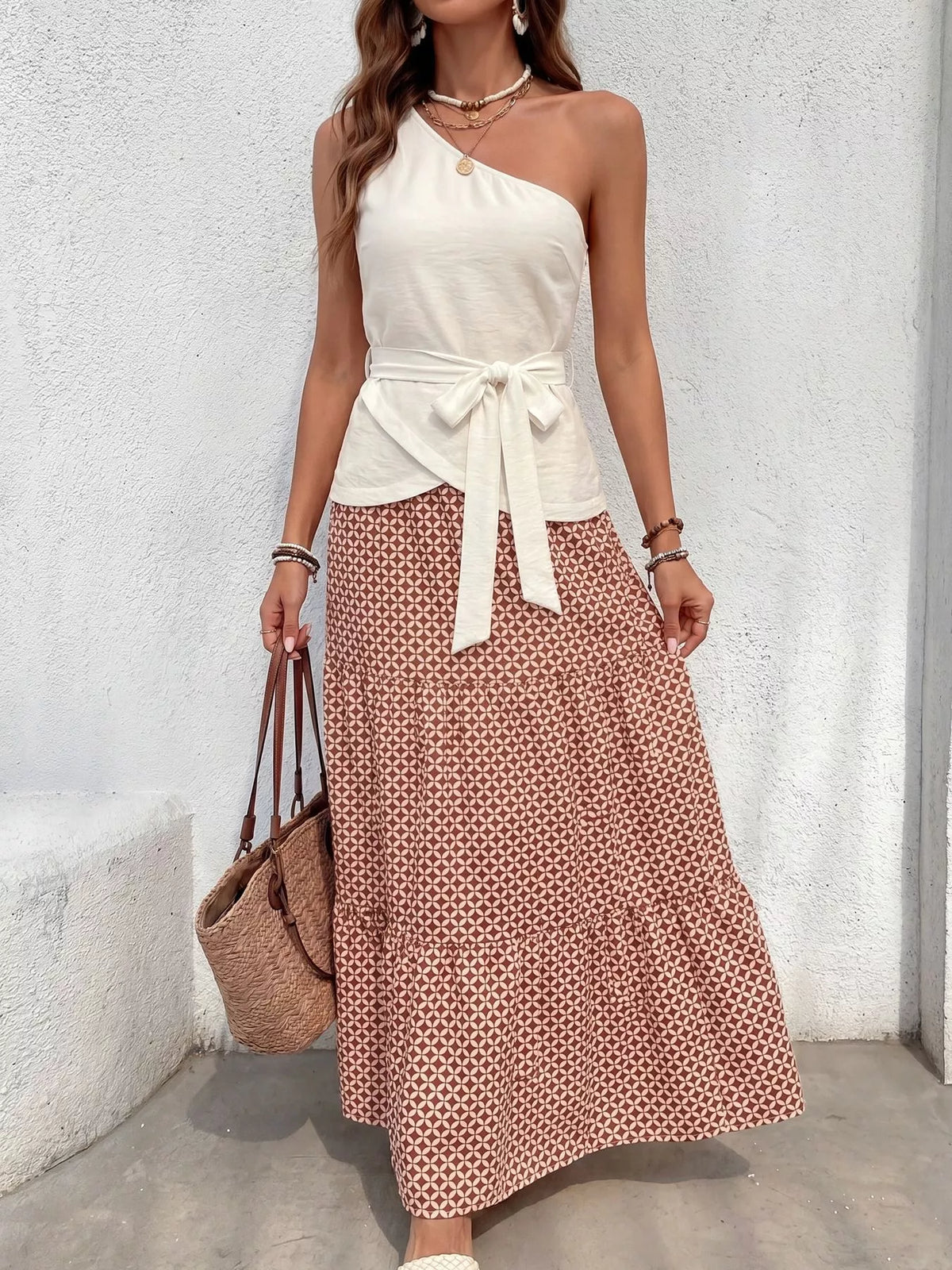 Cream one shoulder top and maxi skirt matching set styled look