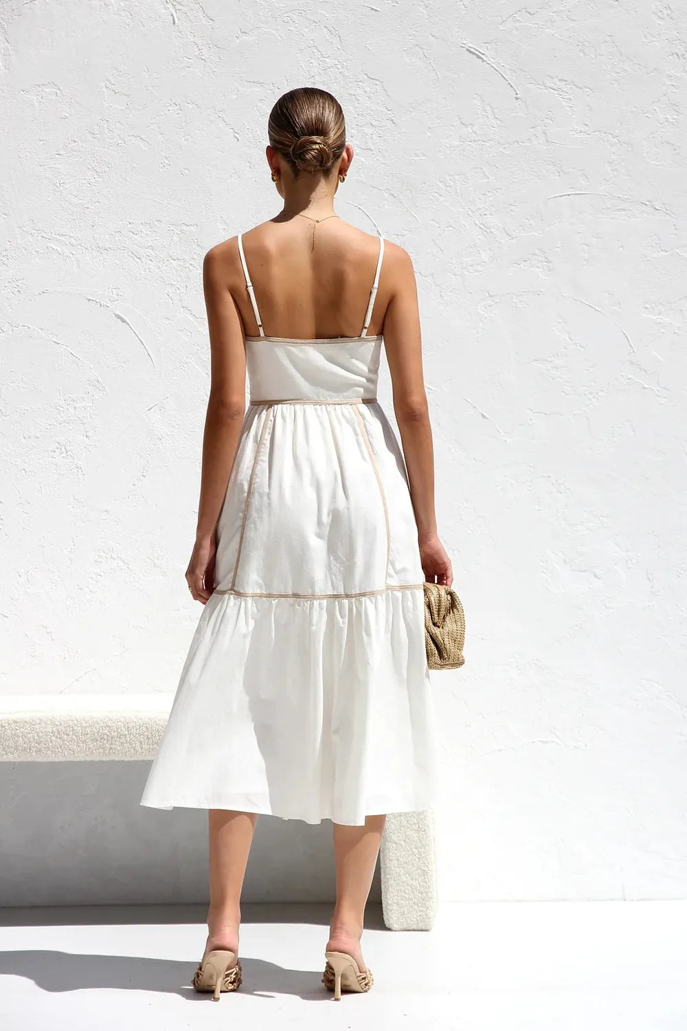 Contrast trim square neck cami dress styled