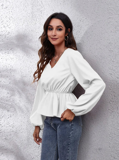 V-Neck Balloon Sleeve Peplum Blouse - Fashorio