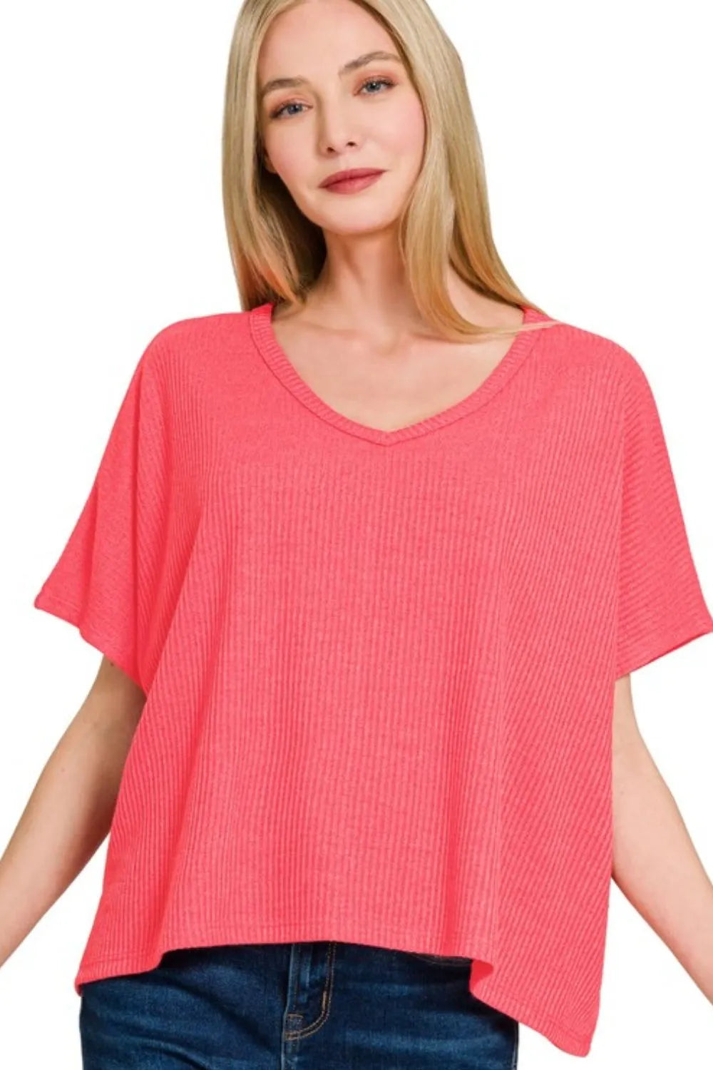 Zenana Ribbed V-Neck Short-Sleeve Knit Top CORAL - Fashorio
