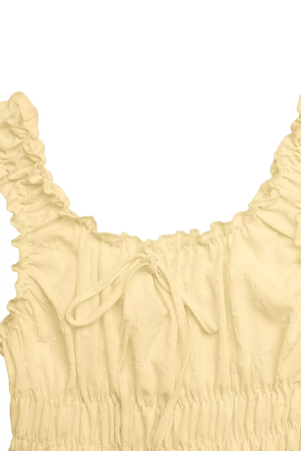 Pastel yellow square neck sleeveless maxi dress angled view