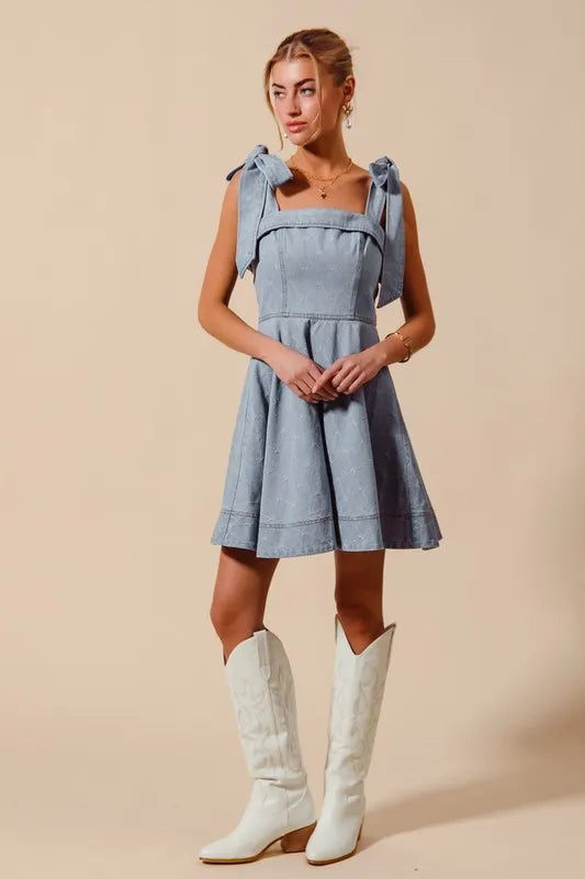 SO ME A Line Fit and Flare Diamond Bow Ribbon Denim Dres - Fashorio