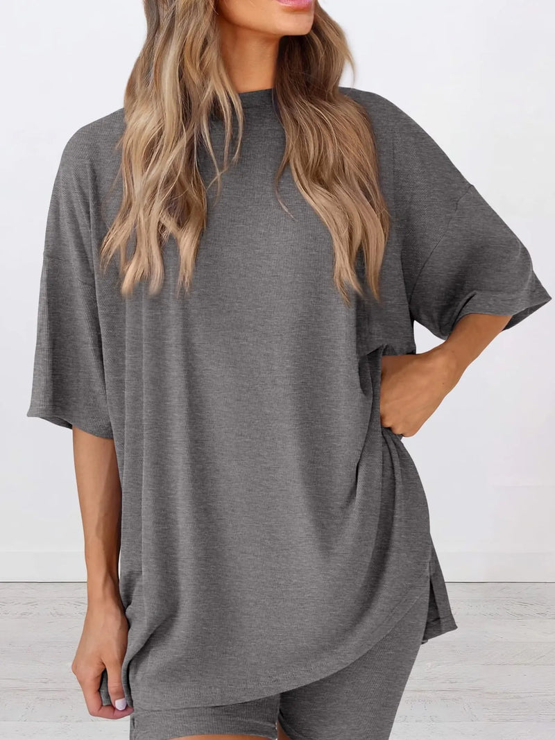 Oversized round neck top and shorts matching set front view