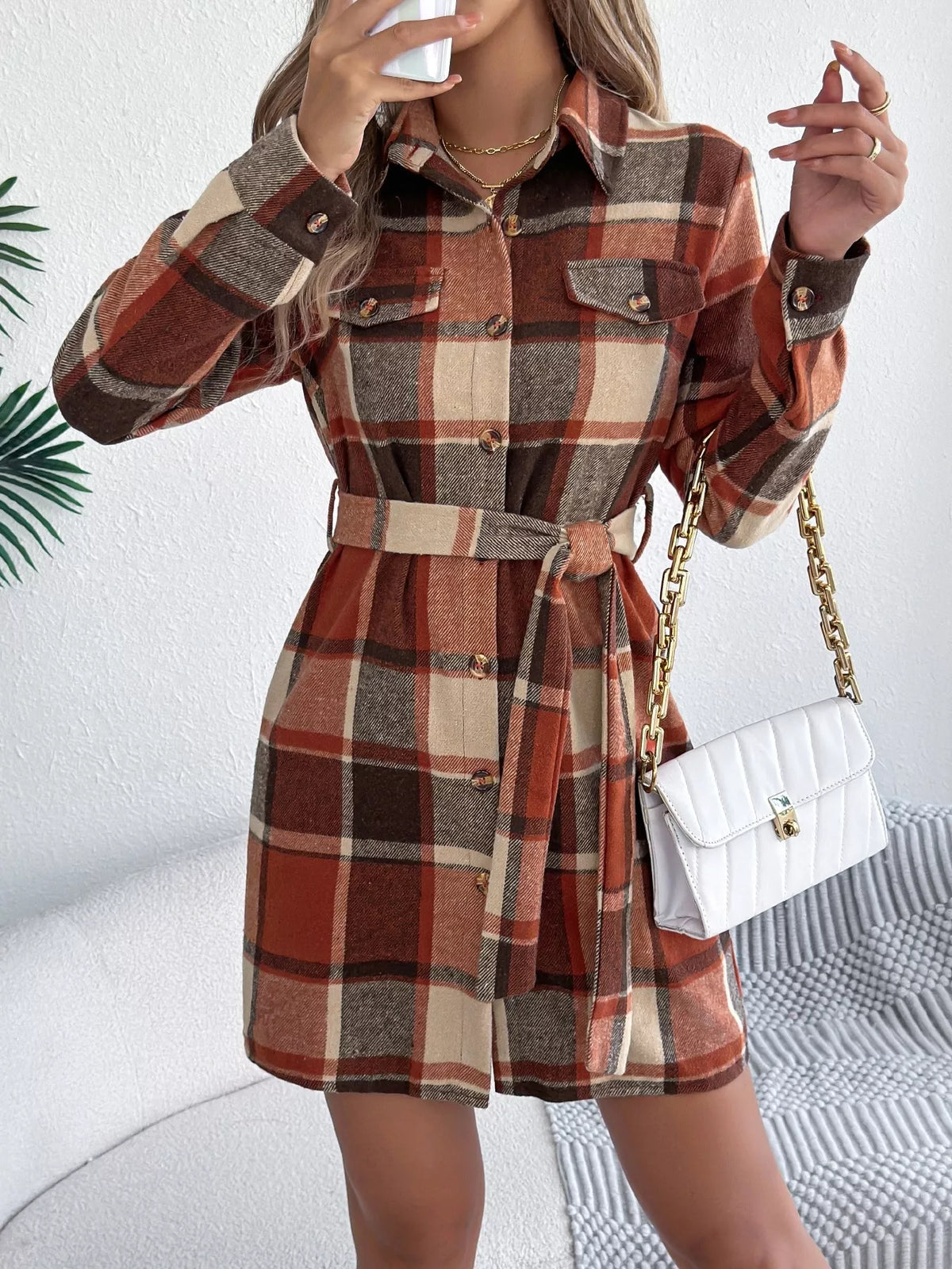 Plaid Tie Waist Shirt Dress in Green view 16