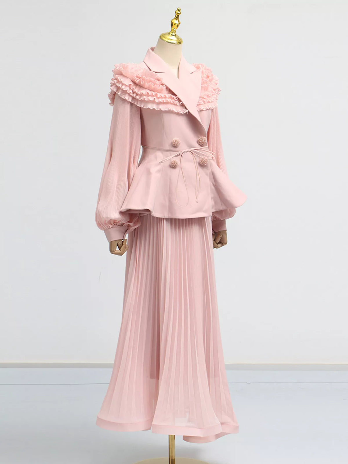 Frill Lapel Collar Top and Pleated Skirt Set, view 5