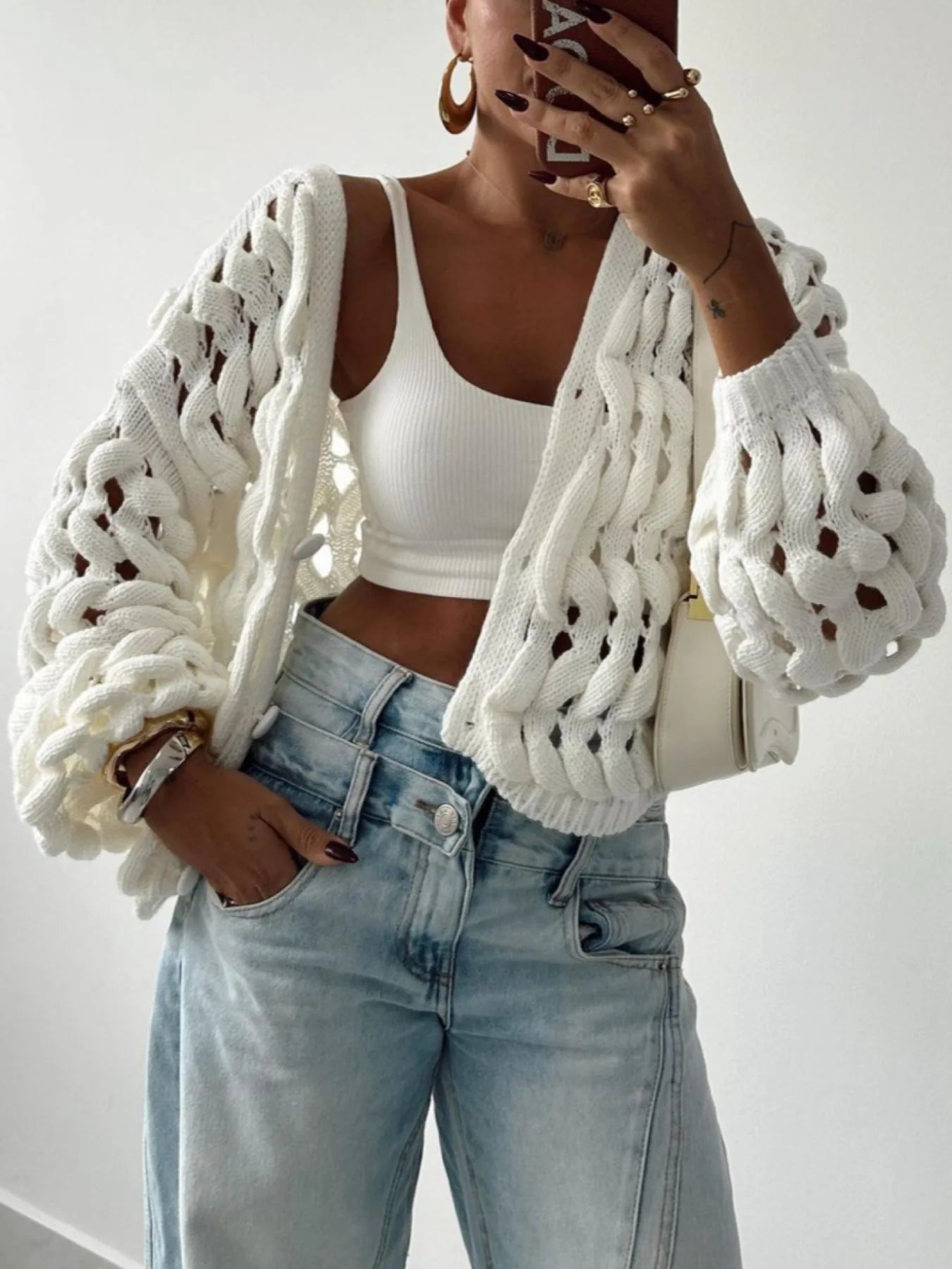 Crochet Button Up Cardigan Off White - Fashorio