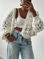 Crochet Button Up Cardigan Off White - Fashorio