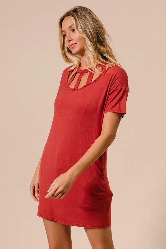 Front Cut Out Tee Mini Dress in Ginger on model