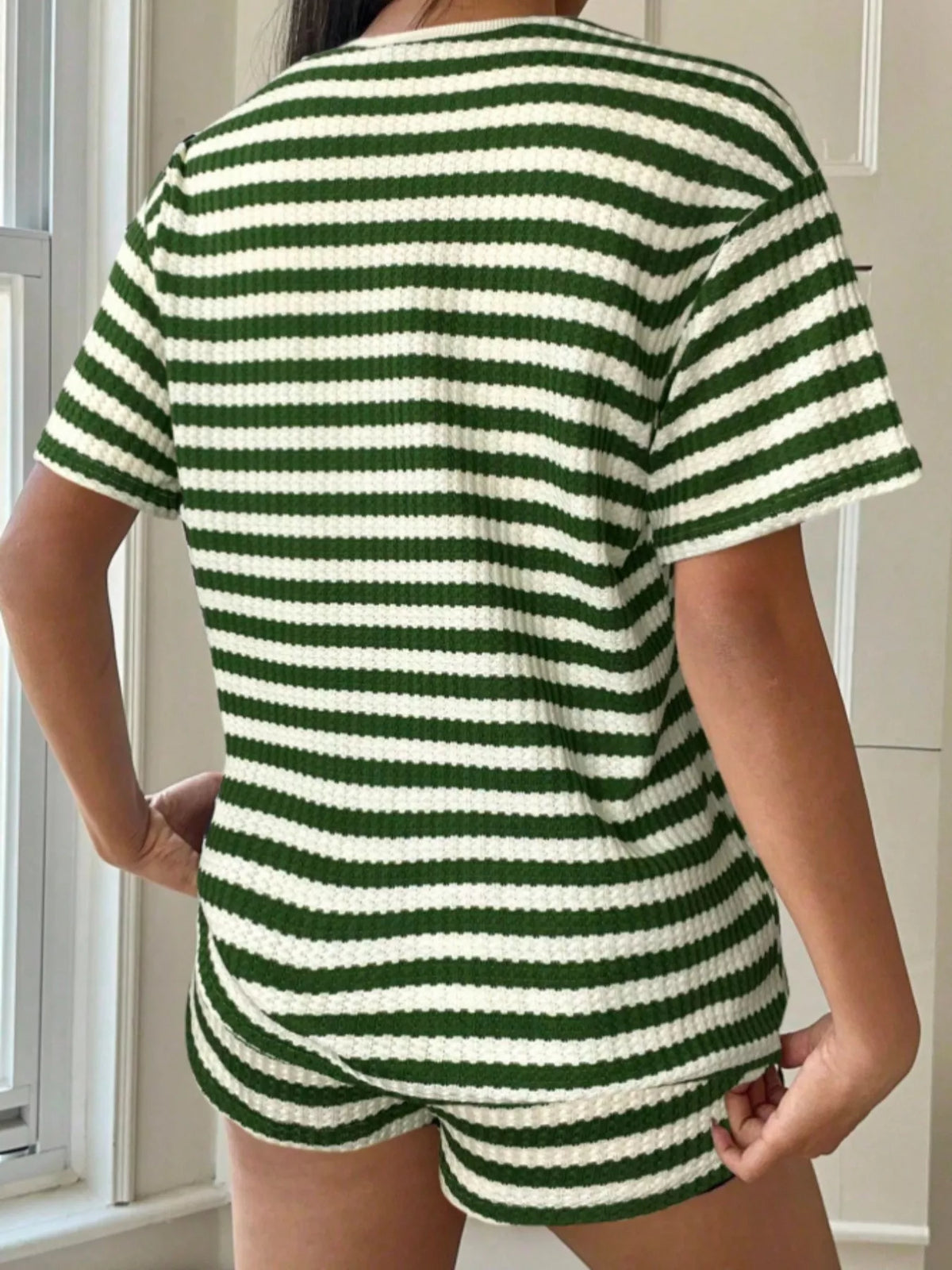 Womens striped round neck top and shorts matching set