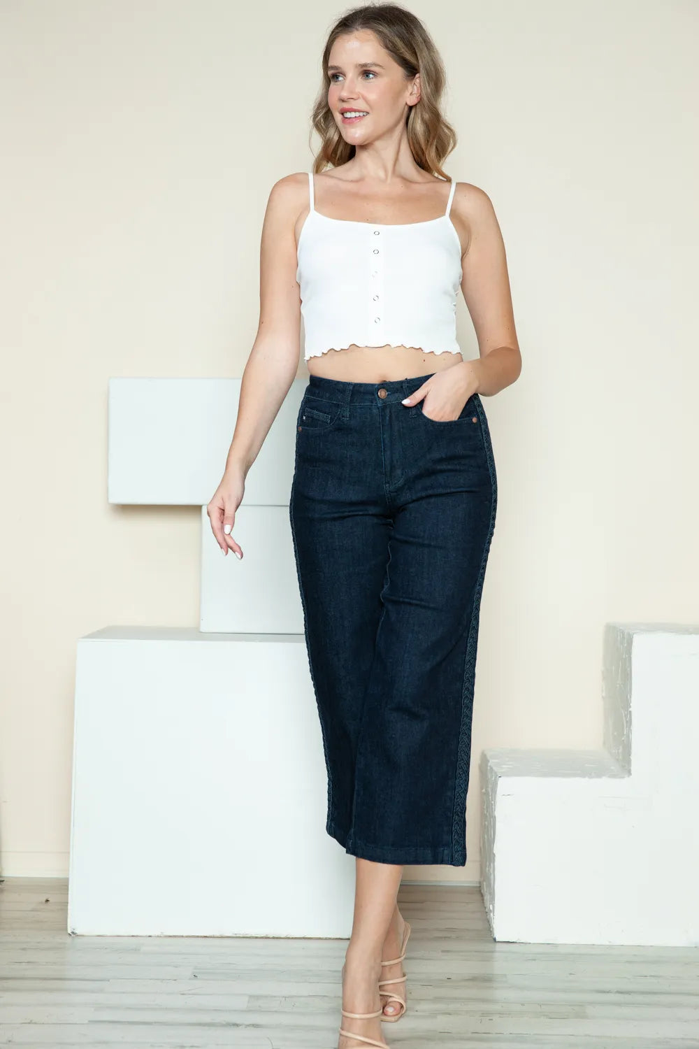 Wide leg crop jeans seated view
