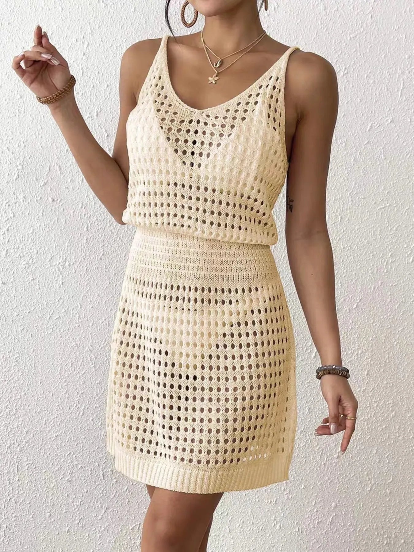 Crochet Sleeveless Knit Cover Up Dress Apricot - Fashorio