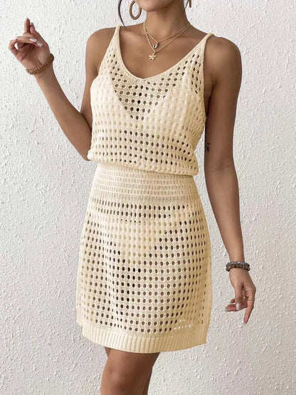 Crochet Sleeveless Knit Cover Up Dress Apricot - Fashorio
