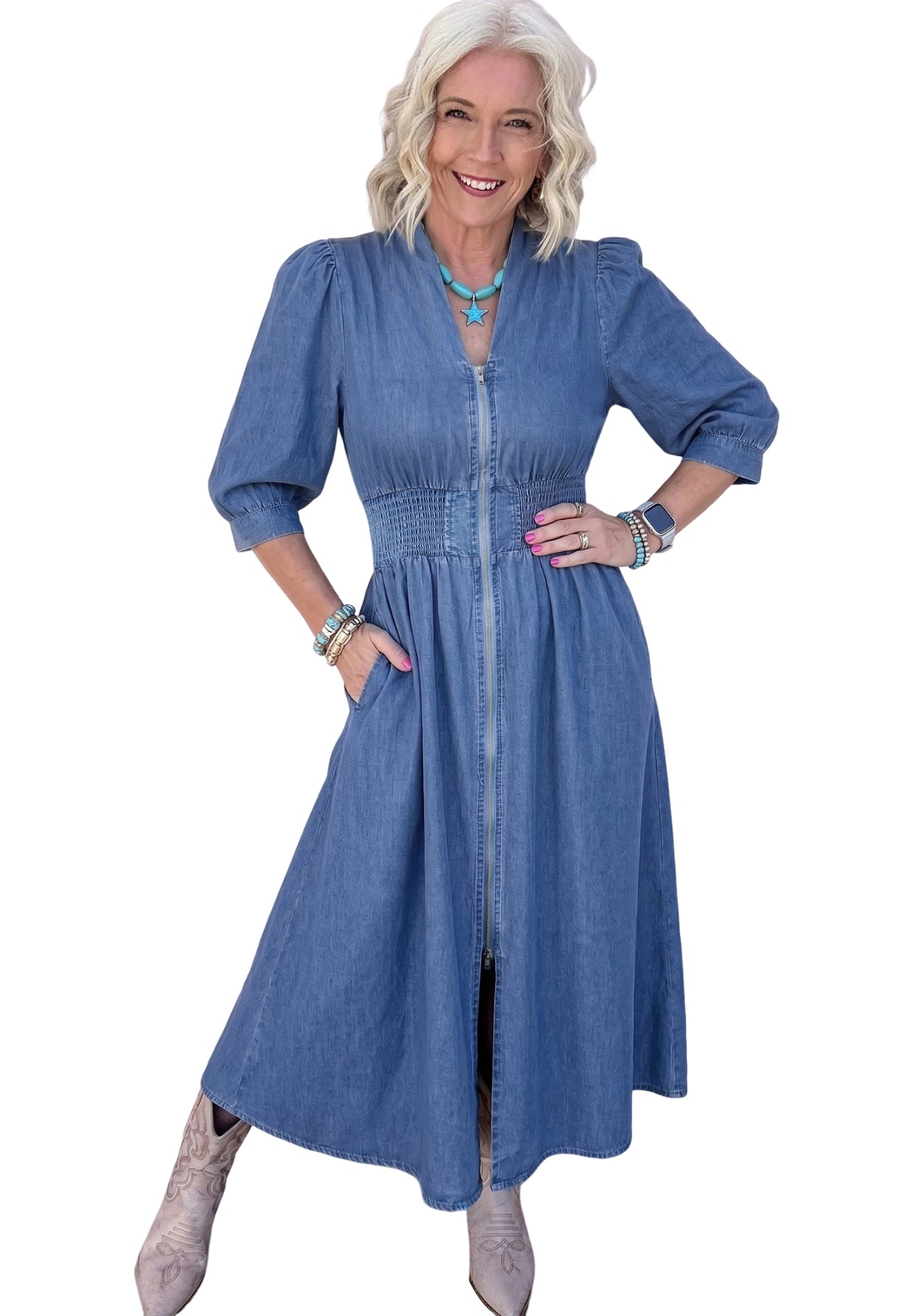 Full length styling of blue denim midi dress with V neckline