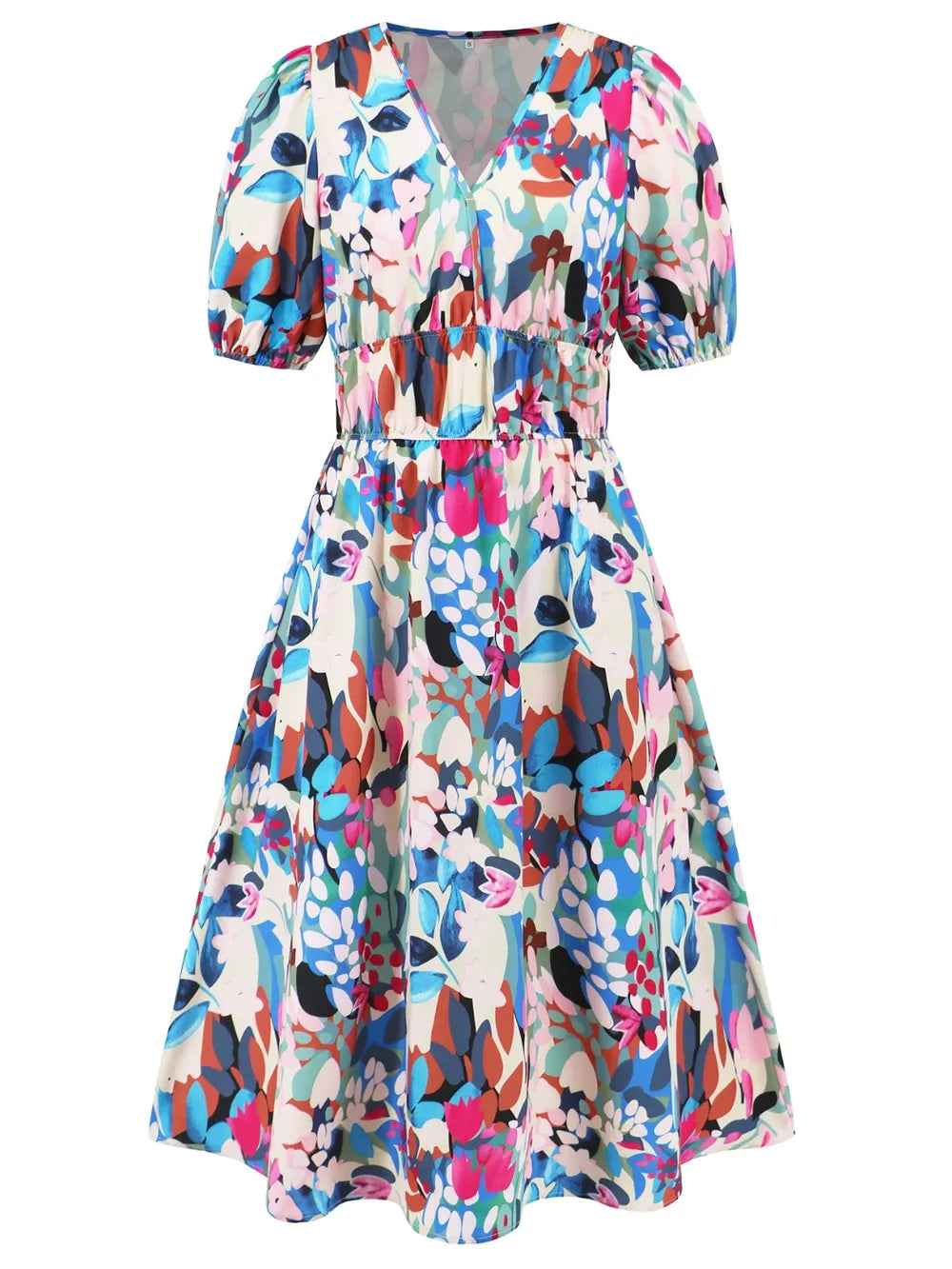 Ruched Printed Surplice Short Sleeve Dress - Fashorio