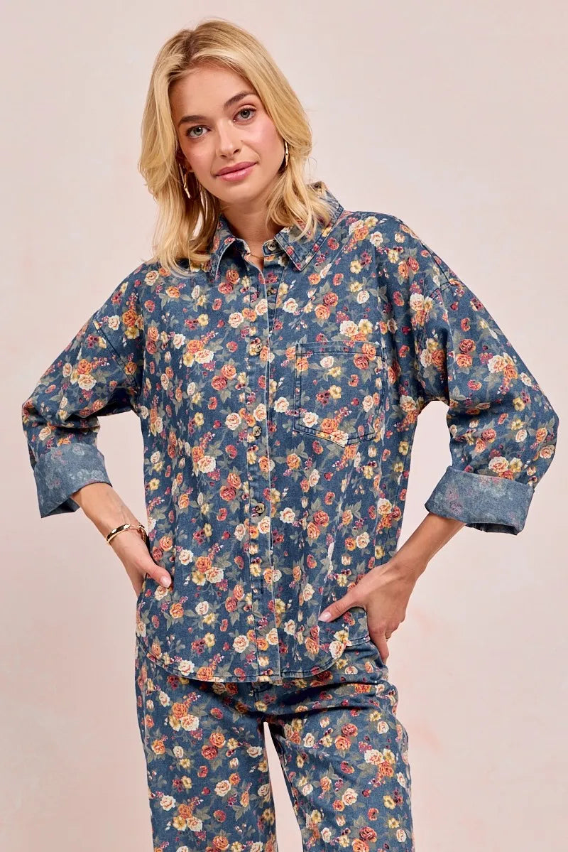 BiBi Washed Floral Print Denim Jacket - Fashorio