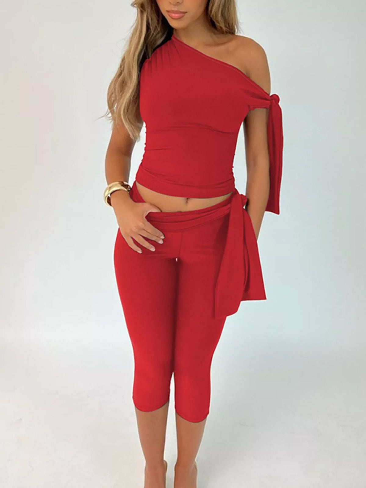 Asymmetrical One Shoulder Top and Capri Two Piece Set, view 7
