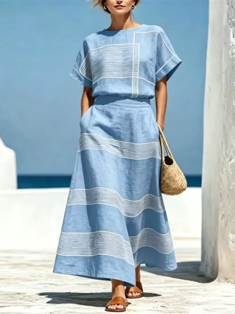 Striped round neck top and skirt set, front view