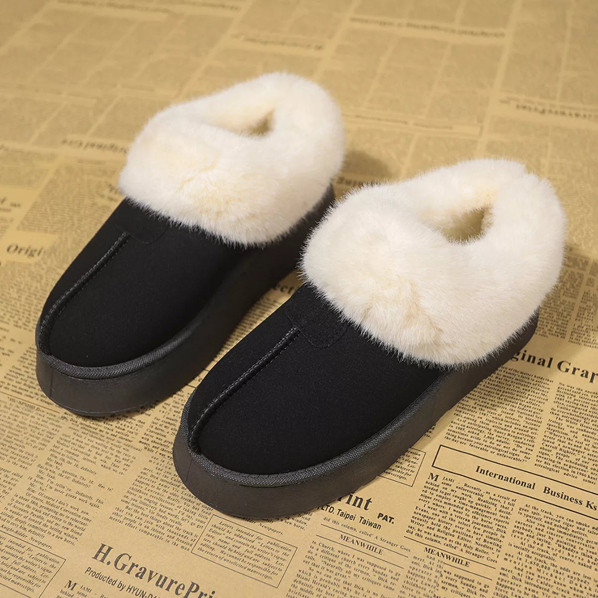 Fuzzy trim platform boots full length view