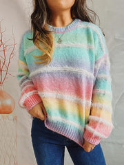 Striped Round Neck Long Sleeve Sweater Multicolor One Size - Fashorio