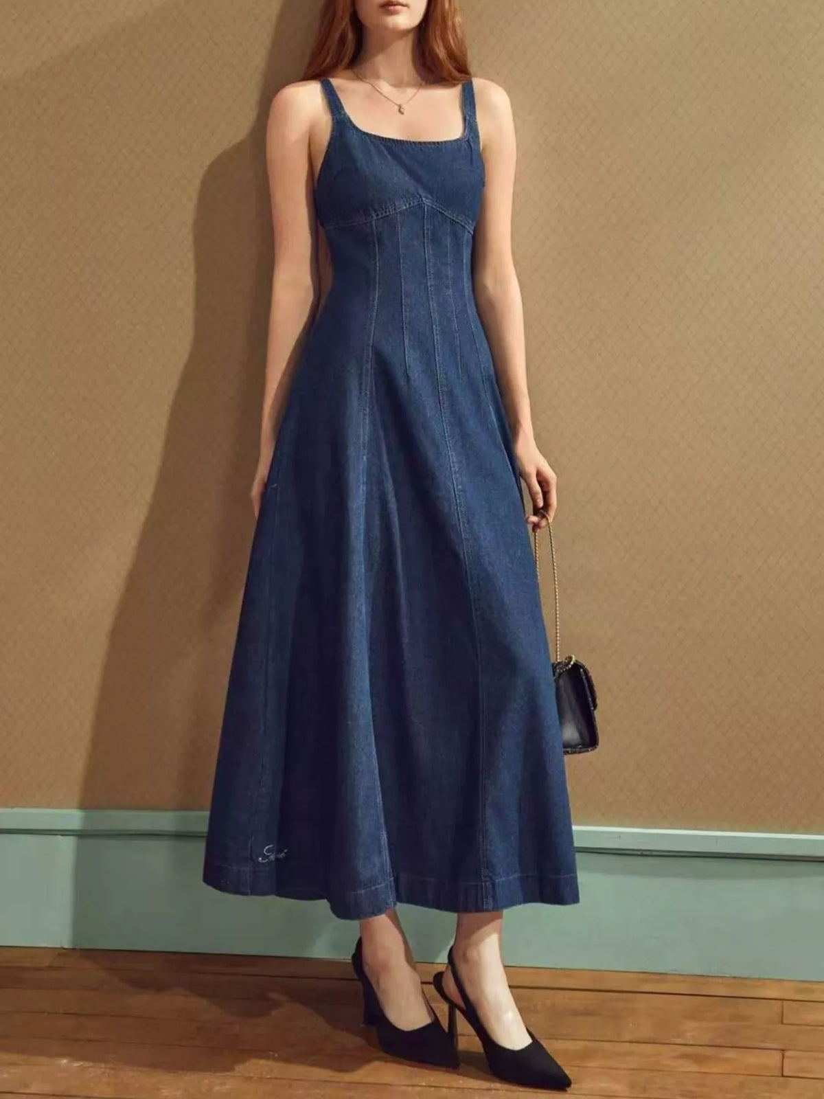 Square neck A line denim dress in blue, front view