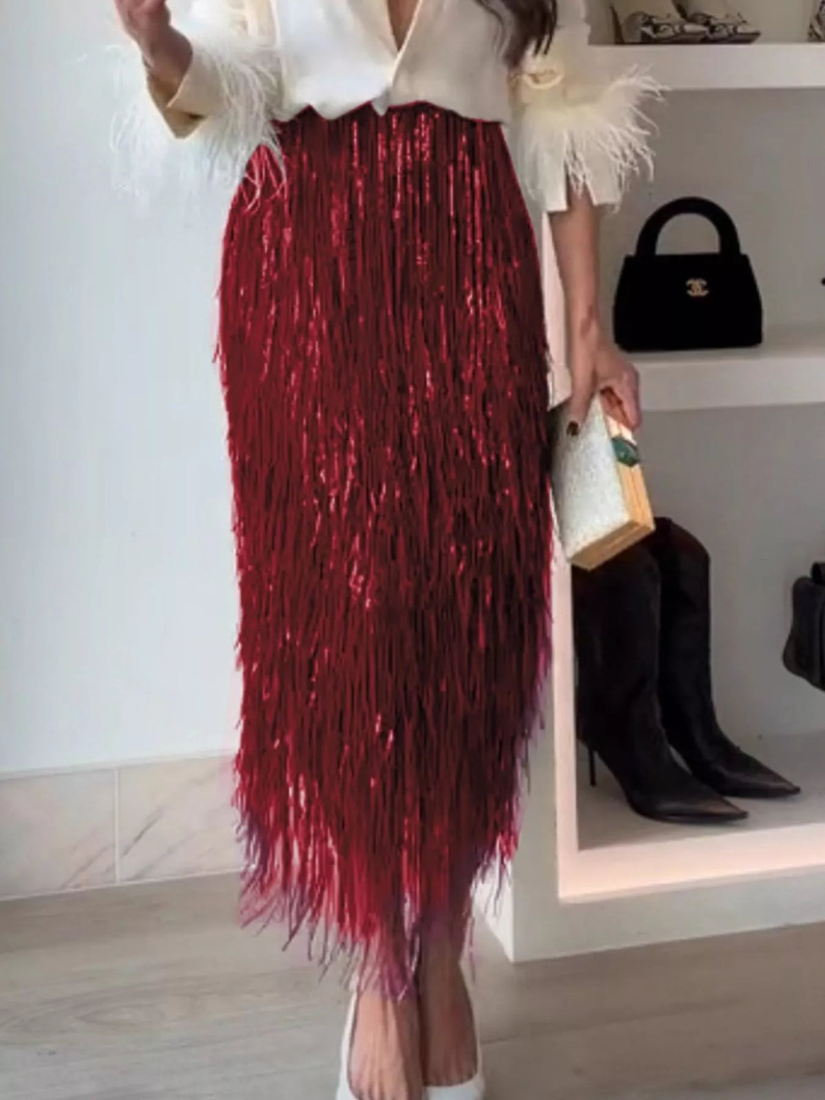 Fringe Long Sleeve Shirt and Skirt Set, view 9