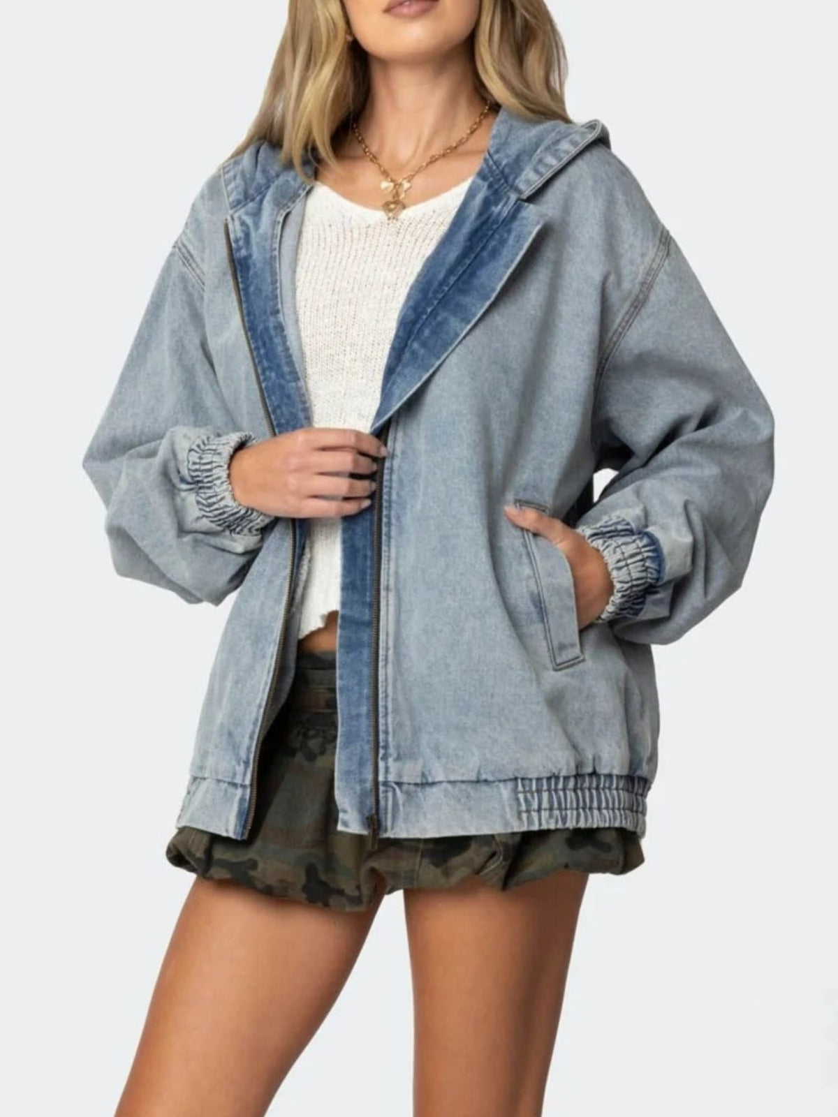 Hooded Oversized Zip Up Denim Jacket in Light Blue side view