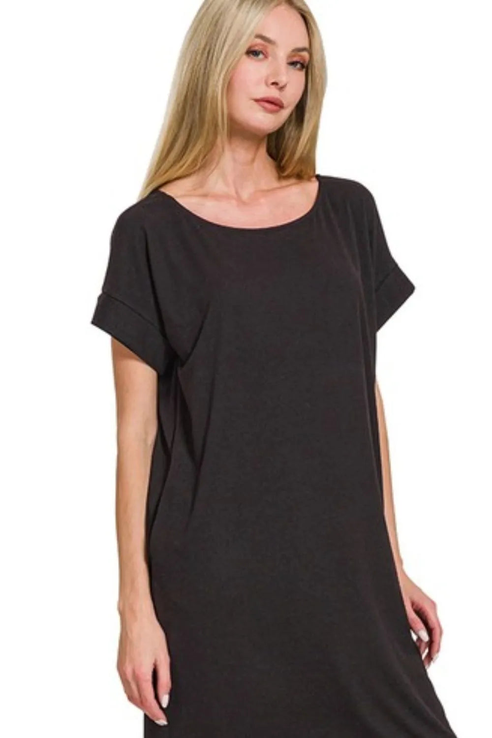 Rolled Short Sleeve Round Neck Dress back view