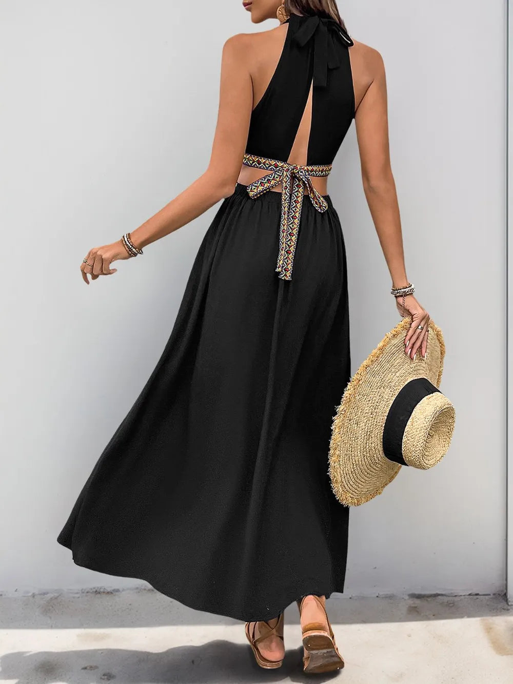 Black Grecian neck maxi dress cutout detail