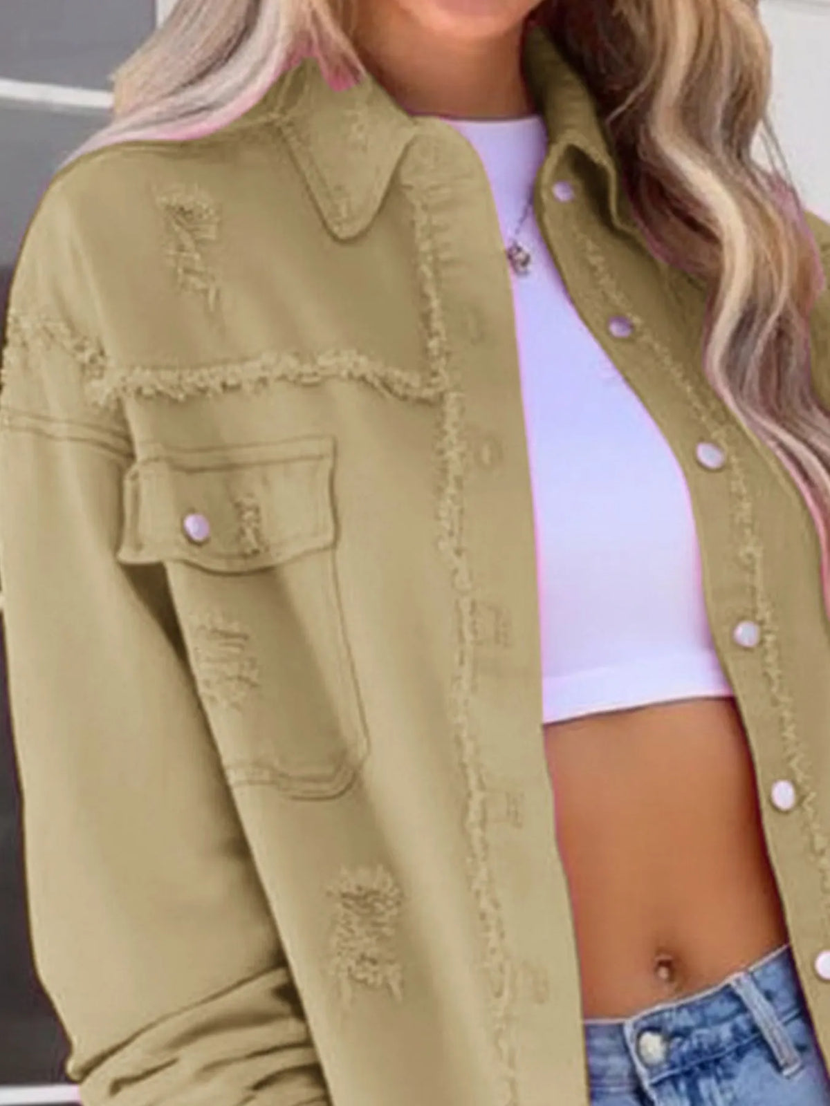 Distressed Frayed Edge Denim Jacket in Camel view 7